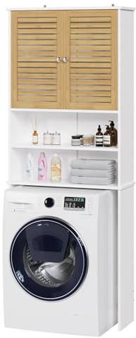 FORABAMB Waschmaschinenschrank,Hochschrank, Toilettenregal mit Schrank, 2 offene Fächer, Verstellbare Ablagen, Badezimmerregal mit 2 Bambustüren über Waschmaschine/Toilette 185.5×65×24cm