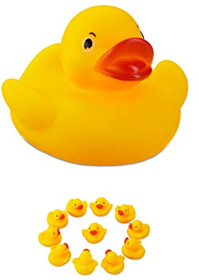 Relaxdays Badeente 5cm 12er Set, klassisches Quietscheentchen für die Badewanne, Badespielzeug für Groß und Klein, gelb