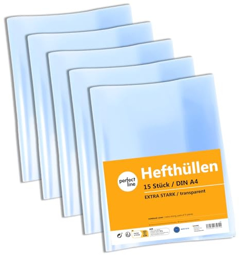 perfect line - 15 Hefthüllen DIN A4 – glasklar & extra stark – transparente Heftumschläge aus recycelbarem PP, dokumentenecht, säurefrei, langlebig & nachhaltig – Heftschoner für Schule & Büro
