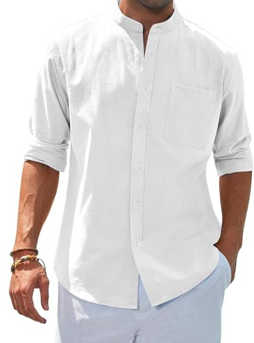 siliteelon Herren Hemd Leinen Strukturiert Langarm Stehkragen Freizeithemd | Regular Fit, Leichte, Sommer, Baumwolle, Button Down, Business, Formell, Party, Beach, Club, Reisen, Casual, Strandhemd