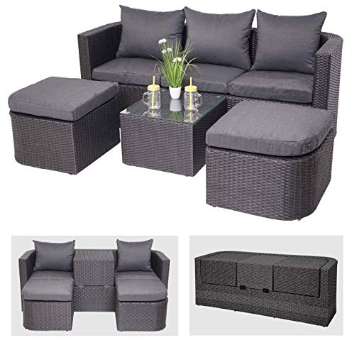 Mendler 3in1-Garnitur HWC-J37 Poly-Rattan - anthrazit, Kissen dunkelgrau | Garten-/Lounge-Set, Sonneninsel, Spun, Poly, MVG