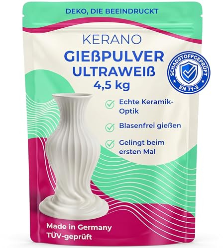 Gießpulver Weiß 4,5kg Schnelltrocknend - Gips zum Gießen für Silikonformen - Lufthärtend & Geruchlos - Keramik Gießpulver, Gießmasse, Reliefgießpulver, Modelliergips - KERANO Made in Germany