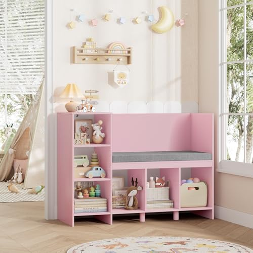 HOCSOK Kinderregal, 110 cm Spielzeugregal Kinderzimmer mit Kissen und 6 Ablagefächern, Kindersitzbank, Spielzeugaufbewahrung für Kinder, 80,5×40×110cm