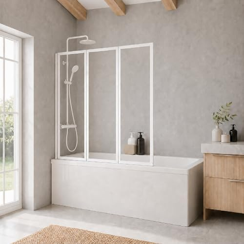 Schulte Duschwand für Badewanne Smart inkl, Klebe-Montage, 127 x 121 cm, 3-teilig faltbar, 3 mm Sicherheits-Glas klar, alpin-weiß, Duschabtrennung
