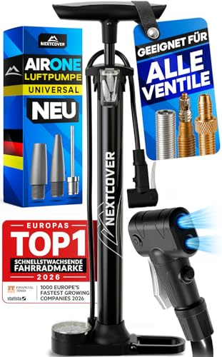 NEXTCOVER® Fahrradpumpe Alle Ventile mit [Airflow-Technologie] I Pumpe für Autoventil, Presta Ventil & Dunlopventil I Standluftpumpe Fahrrad mit Manometer I Luftpumpe Fahrrad [AirOne]