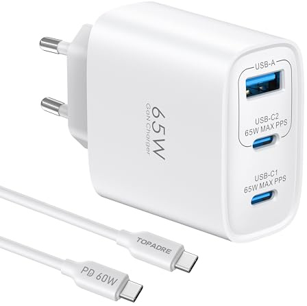 TOPADRE 65W USB C Ladegerät mit Kabel, 3-Port PD3.0 PPS Schnellladegerät | Netzteil USB-C Schnellladegerät Ladestecker für MacBook Pro/Air/iPad Pro, für iPhone 17 16, Galaxy S25 & Pixel,Kompakt Reisen