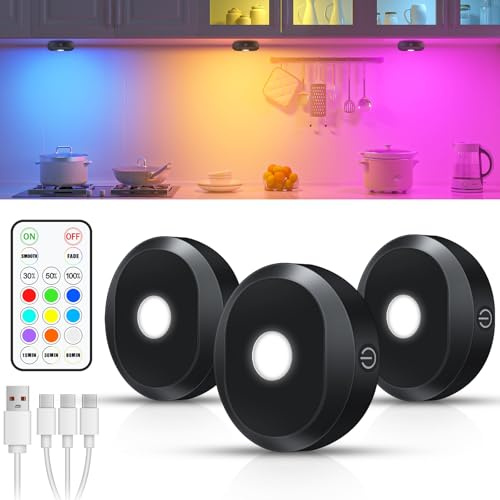 WILLED USB Aufladbar LED Spots Akku mit Fernbedienung,RGB Vitrinenbeleuchtung LED Kabellos,Unterbauleuchte,Schrankbeleuchtung,Magnetisch Licht,Indirekte Beleuchtung mit Timer Funktion (3er Pack)