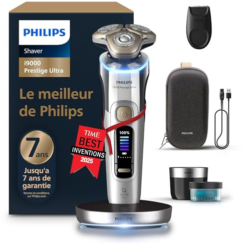 Philips elektrischer Rasierer i9000 Prestige Ultra, Nass- und Trockenrasierer für Herren, chrom, Druck- und Bewegungssensor, Trimmeraufsatz, Reinigungsstation, Ladestation und Reiseetui (XP9404/31)