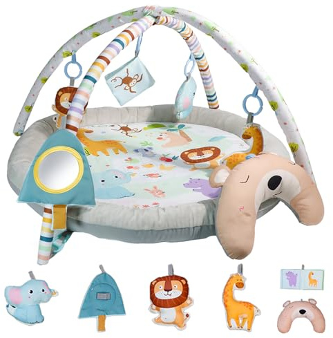 Spielbogen Baby, Spielmatte mit Bauchzeit Kissen und 5 Sensorik Spielzeug Abnehmbarem Spieldecke Babies zur Motorik & Sinnesförderung Baby Play Mat & Gym für Neugeborene & Kinder 0-6-9-12 Monate