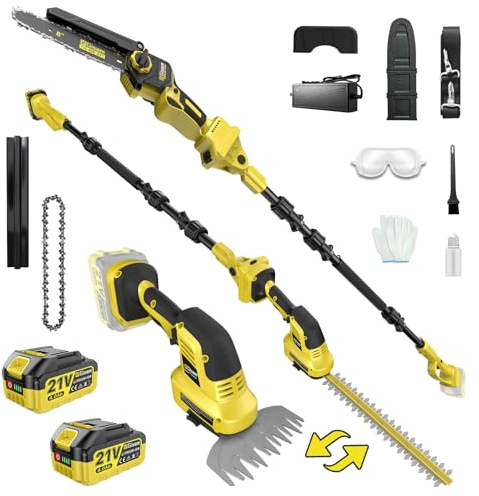 6-in-1 Mini Kettensäge & Teleskop Heckenschere Set, 8-Zoll Elektro Kettensäge, 2×4.0Ah Akkus, 2500W Bürstenloser Motor 45000RPM, 0-180° Verstellbar, mit Makita 18V, 4,5m für Hecken- & Baumschnitt