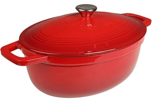 VeoHome Gusseisentopf 6L Ovale Rot| Bräter | Gusseisen Topf Grün - Schmortopf |Bratentopf | Bratpfanne | Kochtopf| Schmor- oder Bratgerichte Eintopf, Brotbacken| Dutch Oven|Backofengeeignet| Emaille