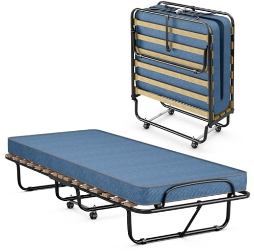 COSTWAY 80x190cm Gästebett mit Matratze aus Rückstellschaum, Klappbares Einzelbett, Stabiler Metallbett bis 130kg belastbar, Klappbett auf Rädern, Faltbett Camping Gästezimmer, Tragbares Bett, Blau