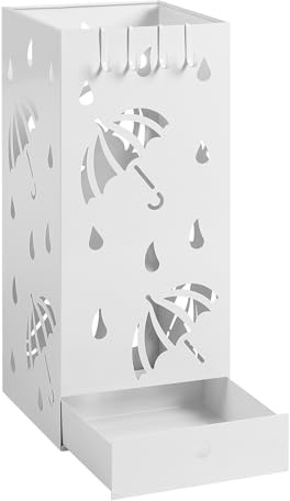 Laneetal Regenschirmständer, Regenschirmhalter aus Metall, 20x49x20cm | Quadratischer Schirmständer, mit herausnehmbarer Wasserauffangschale, 4 Haken, Regenschirm-Motiv, Weiß