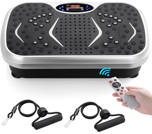TLGREEN Vibrationsplatte für Home-Workout Lymphdrainage, Leise Vibrationsboard mit 99 Stufen & 5 Programmen, Trainingsbänder, Fernbedienung, Fitnessgerät für Fettverbrennung Muskelaufbau, Silber