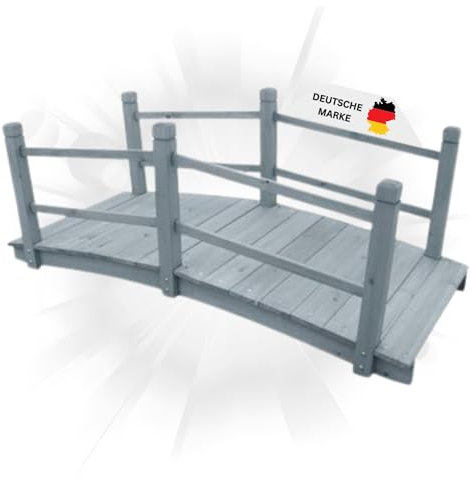 DELUKE® Holzbrücke mit Geländer Milan Grau | 140x60x56cm | Gartenbrücke Teichbrücke Holzsteg Gartendeko Teich Garten Zierbrücke Hinterhof-Brücke Deko