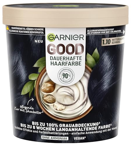 Garnier GOOD Dauerhafte Haarfarbe 1.10 Mitternachts-Schwarz – Coloration ohne Ammoniak, bis zu 100% Grauabdeckung, 1 Stk.