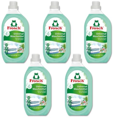 Frosch 5 x Universal-Waschmittel Vorratspackung hohe Waschkraft für strahlend saubere Wäsche Vorteilspack mit 120 Waschladungen vegan, mikroplastikfrei und mit europäischen Tensiden