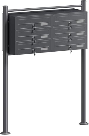 Wiltec 6er Briefkastenanlage Anthrazit 945 x 270 x 1200 mm, Standbriefkasten mit 2x3 Fächern, Schlüssel und Namensschild, Briefkasten Postkasten mit Ständer