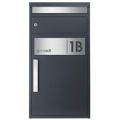MOCAVI Paketbriefkasten PBox 65FS anthrazit/Edelstahl matt mit Name und Hausnummer inkl. Gravur Namensschild Edelstahl Design-Paketkasten für alle Paketdienste Paketbox modern Standbriefkasten