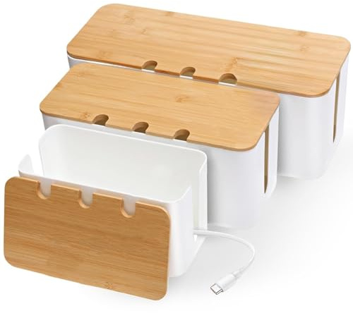 3 Stück Kabelbox, Kabel Organizer Box, mit Gelochtem Holzdeckel, Kabelmanagement Box zum Verstecken von Steckdosen und Kabeln, Drei Größen, Groß, Mittel und Klein, Weiß