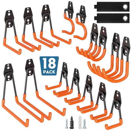 BONTEC 18 Stück Wandhaken Set, Stahl-Haken für Garage, Werkstatt, Fahrradhalterung, Gartengeräte, U/J/S Hakens, Orange mit Anti-Rutsch-Beschichtung, geeignet für Trockenbau & Ziegelwände