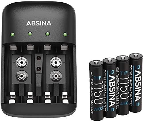 ABSINA Akku Ladegerät AA AAA & 9V inkl. 4X AAA 1150 Akkus - NiMH Batterieladegerät 4-Fach für wiederaufladbare Batterien - Akkuladegerät - Battery Charger
