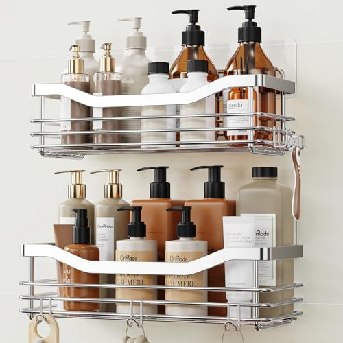 Orimade Duschregal ohne Bohren Edelstahl Duschablage mit 5 Haken Duschkörbe für Bad Küche Toilette 2 Stück