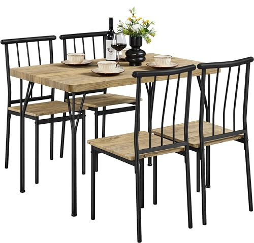 Yaheetech Essgruppen Esstisch mit 4 Stühlen, Esszimmergruppe Rechteckig Küchentisch-Set mit 4cm Dicker Tischplatte, 5er-Set Tischgruppe für 4 Personen Sitzgruppe für Küchentisch-Set, Braun