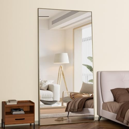 CASSILANDO 180x80cm Standspiegel, Boden großer Spiegel, stehender Spiegel, gegen Wand für Schlafzimmer, Verkleidung und an der Wand befestigter dünner Rahmen Spiegel, Gold
