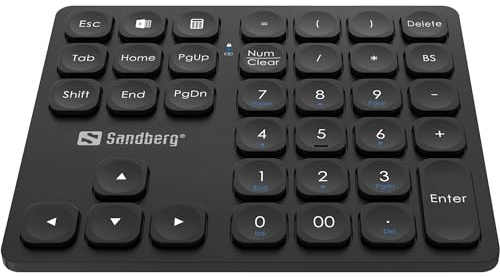 Sandberg Wireless Numeric Keypad Pro, Numerische Tastatur, 36 Leise Tasten, Drahtloser Ziffernblock, Plug & Play, Wiederaufladbar, Numerische Bluetooth-Tastatur, Büro Heimarbeit Studium, Für Windows
