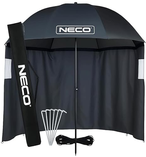 NECO Anglerschirm 220 cm mit seitlichem Schutz – 3/4 Unterstand, wasserdicht, klappbare Stange, Fenster, Heringe und Transporttasche – Schirm für Angler