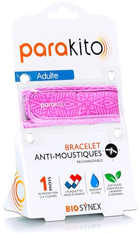 Parakito Mückenschutz-Armband, wiederverwendbar, 2 Plättchen mit ätherischen Ölen, 1 Monat Schutz, ohne DEET, Motiv: rosa Grafik, Erwachsenengröße