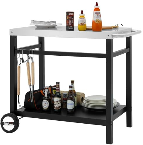 Royal Gourmet Esstischwagen Tisch mit doppeltem Ablage, beweglicher Edelstahl-Flattop-Grillwagen, Haken, Seitengriff, multifunktional und kommerziell PC3401S (Silber)
