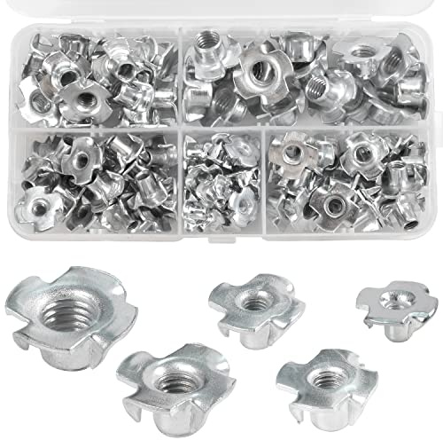 90 Stk Einschlagmuttern mit 4 Einschlagspitzen T Gewindemutter M3 M4 M5 M6 M8 Vier-Prong Nüsse Sortiment Schrauben Kits Verzinktem Kohlenstoffstahl Nüsse Sortiment für Holzbearbeitungsmöbel Handwerker
