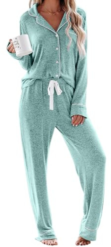 Aamikast Schlafanzug Damen Lang Pyjama Sets mit Knopfleiste Zweiteiliger Nachtwäsche Hausanzug(S,Blauer See)