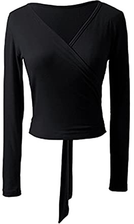 TSSOE Damen Ballettjacke Tanzjacke Bolero Langarm Tanzoberteil Wickeljacke Wickel Tops Ballett Tanz Yoga Gymnastik T-Shirt Tanzbekleidung Dancewear A Schwarz S