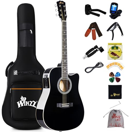 Winzz Elektro Akustik Gitarre Western 4/4 Anfänger Erwachsene Kinder (Rechtshänder Schwarz-Glänzend)