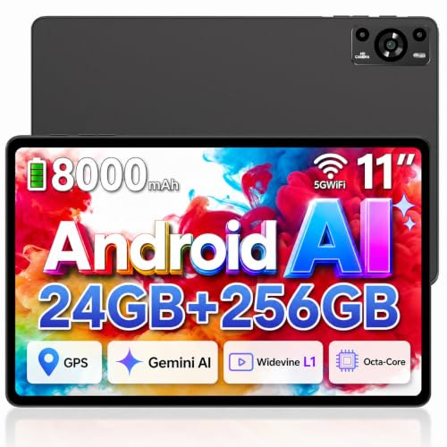 ZIOVO 2026 Neuest Tablet 11 Zoll Android mit 24GB RAM+256GB ROM/TF 2TB, Octa-Core 2.0GHz, GMS, 8000mAh, Widevine L1, 5MP+13MP, 5G WLAN, BT 5.0, Face ID, GPS, Tablet mit Case - Schwarz
