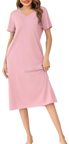 Wikoan Damen Kurzarm Nachthemd Sommer Elegantes Baumwoll-Nachthemden Schlafshirt Lang Nachtwäsche Hauskleid Sleepshirt mit Taschen Rosa XXL