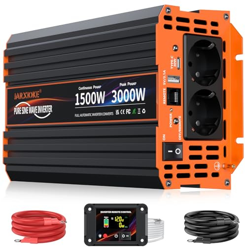 Wechselrichter 1500W Reiner Sinus Spannungswandler 12V auf 230V Power Inverter mit LCD Fernbedienung,USB Ports,Type-C Port,2 AC-Steckdosen für Solar,Fahrzeuge,Wohnmobil,Stromausfall,Reise