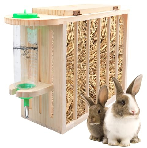 PORFOYO Hölzern Heuraufe Für Kaninchen Mit Wasserflasche, Höhenverstellbar, Meerschweinchen Heuraufe, Heuraufe Für Meerschweinchen, Hase, Chinchilla, Hamster