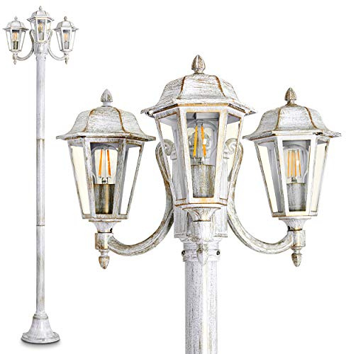 HOFSTEIN Kandelaber Natal, Außenwegeleuchte aus Metall/Glas in Weiß/Gold/Klar, Wegeleuchte im Antik/Retro/Vintage-Design für Garten, Außenbereich, Hof, 210 cm, 3 x E27, IP44