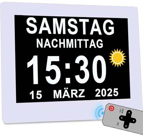Véfaîî 2024 New, 8 Zoll Digitaler Wecker Wanduhr mit Fernbedienung 19 Alarme,Seniorenuhr Kalender und Foto-Funktion - für Senioren & Demenzkranke (z.B. Alzheimer)