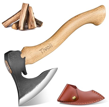 TIVOLI Outdoorbeil 42 cm aus Kohlenstoffstahl – Bushcraft Axt mit Walnussholzgriff & Lederscheide, kompakte Handaxt für Camping, Trekking & Bushcraft