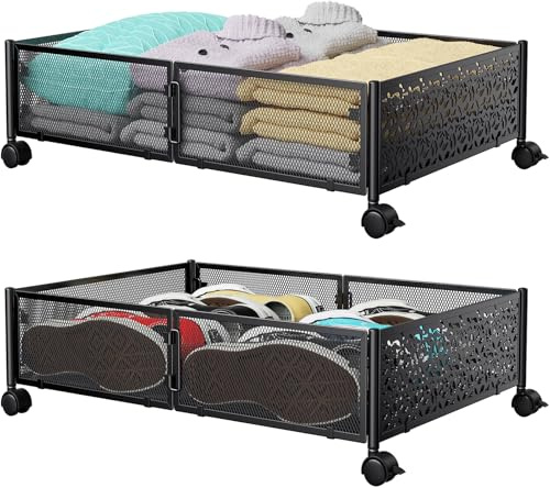 Unterbett-Aufbewahrungsbehälter mit Rollen, Unterbett-Organizer, Schublade, werkzeuglose Montage, Metall-Unterbett-Aufbewahrungsbehälter für Schlafzimmer, Kleidung, Schuhe, Decken, 2 Stück