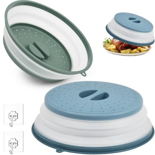 MOPLA Mikrowellen Abdeckung Faltbar 2 Stk Abdeckhaube für Mikrowellendeckel,Mikrowellenhaube 26.5cm,Blau+Grün Abdeckhaube Mikrowelle,Microwave Cover mit Haken für Obst Gemüse/Mikrowelle BPA-frei