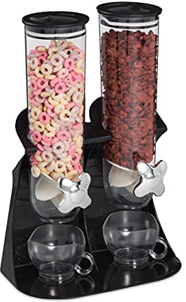Relaxdays Müslispender doppelt, Cerealienspender für Müsli, Cornflakes, Süßigkeiten, Snackspender Kunststoff, schwarz, 1 Stück
