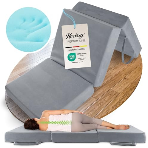 Herlag Orthopädische Klappmatratze 195x75x14cm - Extra Dickes Gästebett 14 cm hoch - Faltmatratze Härtegrad H3 Deluxe-Komfort Visco-Schaum - Faltbare Gästematratze 3-teilig - Bezug waschbar - Grau