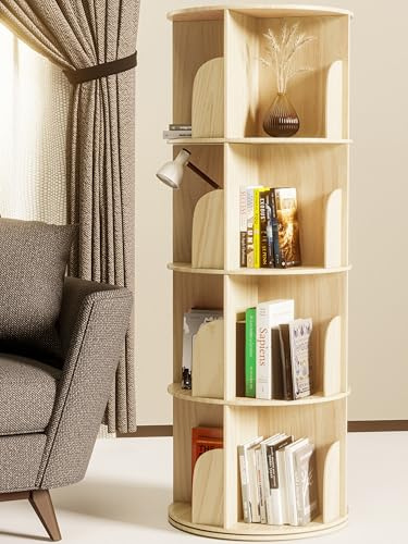 Jean Balveau 360° Drehbares Bücherregal - Kiefernholz Bücherregal drehbar mit 4 Verstellbaren Ebenen 130x46x46 cm - Drehregal, Dekoregal, Standregal