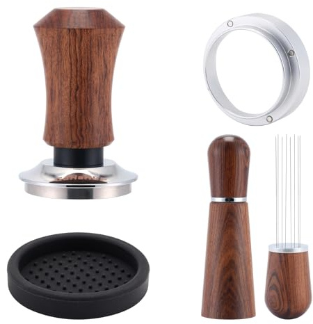 GdHaHSP Tamper Set 51mm mit WDT Tool für Siebträger 51mm | Tamper 51mm aus Rosewood, Edelstahlbasis, 8-Nadel-WDT Tool, Magnet-Dosierring 51mm & Tampermatte für Home-Barista